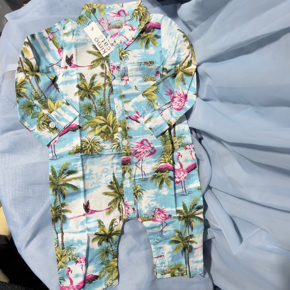 NWT Kimocat Baby Hawaiian Tropical Flamingo Romper 6-12M